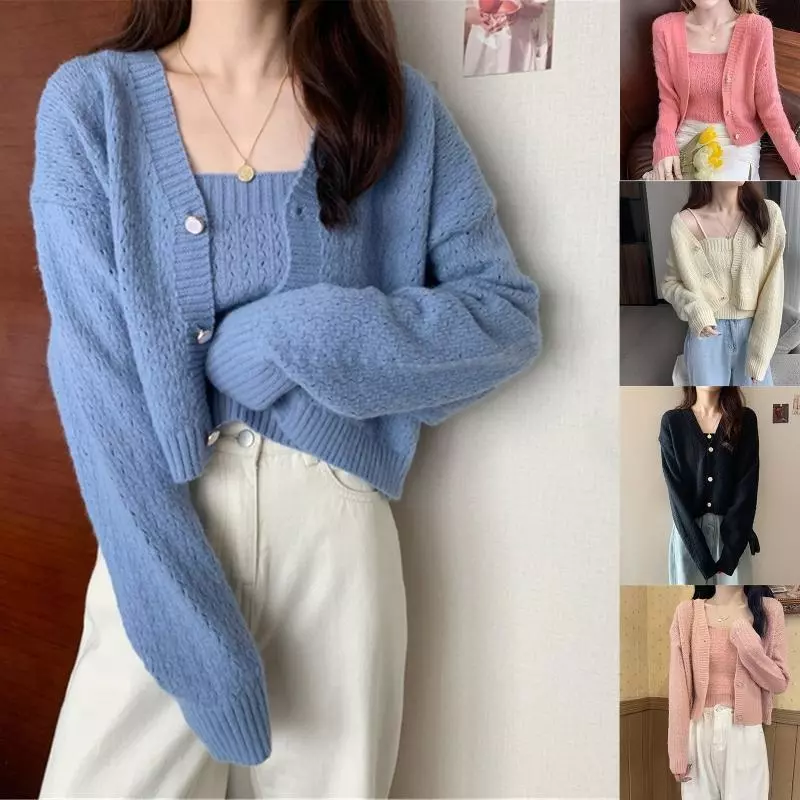 Women Korean Spring 2 Piece Solid Knit Sweater Set Cardigan with Cami Tank  Top