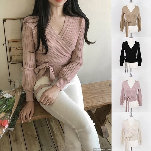 Fashion Women's V-neck Sweater Top Cross Knitted Belt Slim Fit Pullover - Picture 1 of 17