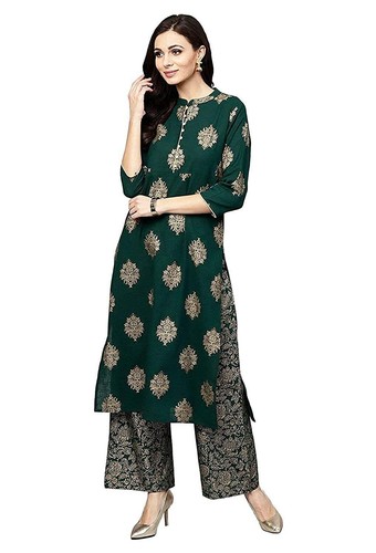 Women's Green Cotton Printed Indian Pakistani Straight Kurta With Palazzo Dress - 第 1/5 張圖片