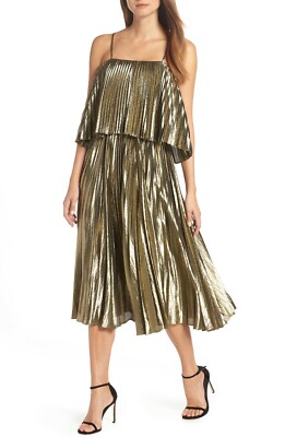 J. CREW Gold Metallic Lame Pleated Popover Overlay Open Back Midi Dress 2 = XS