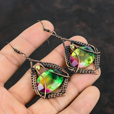 Gift For Women Wire Wrapped Drop/Dangle Earrings Copper Multi Tourmaline 3.15''