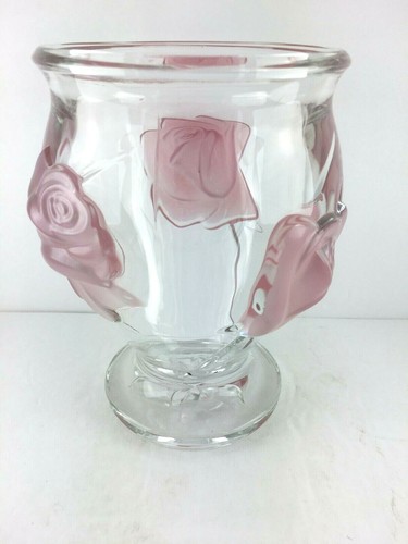 Crystal Rose Bowl Pedestal Mikasa? Clear w Pink Roses Very Heavy 6 inch Tall - Picture 3 of 5