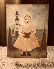 Primitive Folk Art Girl With Church & Hymns, Handcrafted Plaque / Sign