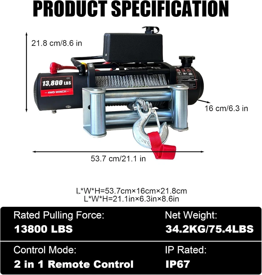 12V Electric Winch Steel Rope 4WD ATV UTV Winch Towing Truck 13800lbs 78 FT Foto 2 de 4