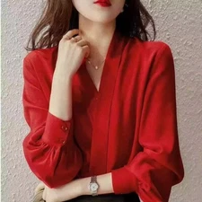 Red Women's Fashion V Neck Long Sleeve Chiffon Blouse Office Business Shirt Tops