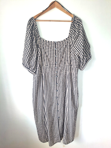 Monsoon Dress Uk 22 Taupe Maxi Checked Square Neck Short Sleeves Cotton NWT - Picture 4 of 12