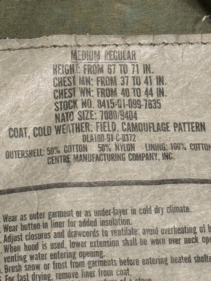Abrigo Chaqueta Forrada de Campo Emitido por el Ejército de los Estados Unidos Clima Frío Bosque Camuflaje Talla M Foto 3 de 4