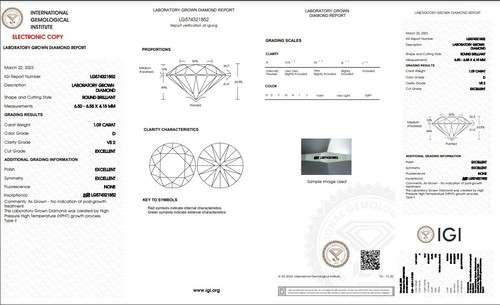 1.09ct Round Brilliant Cut Lab-grown Diamond IGI Certified D Colour VS2 Clarity - Picture 5 of 5