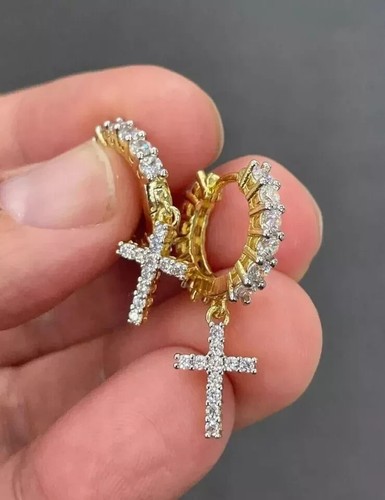 Orecchini goccia croce diamanti taglio tondo 2 ct creati in laboratorio placcati oro giallo 14 kt - Foto 2 di 3