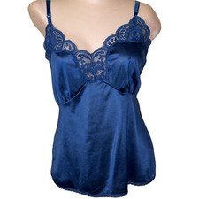 Vintage Esteem Midnight Blue Antron III Nylon Lace Trim Camisole Sz M