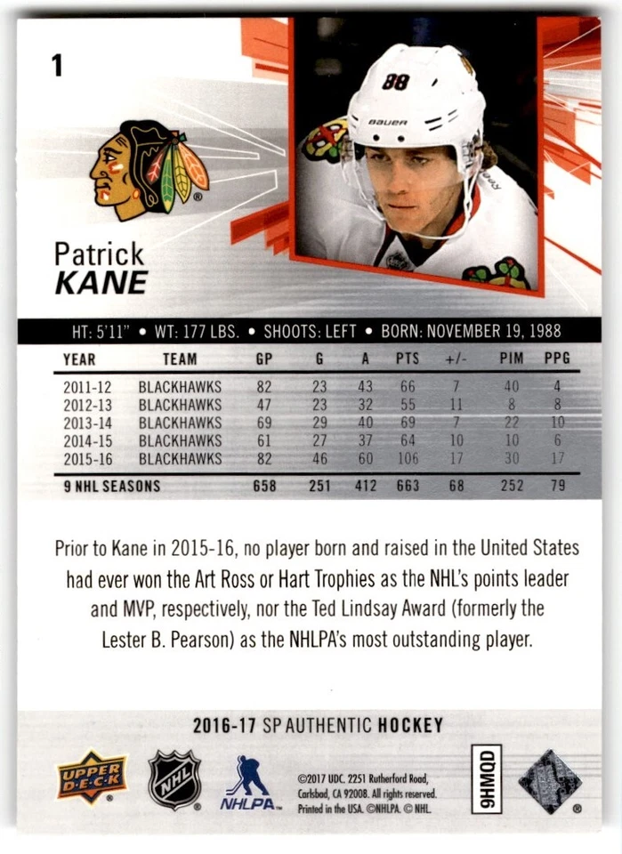 2016-17 SP Authentic Patrick Kane #1 Chicago Blackhawks - Image 2 of 2