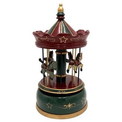 Wooden Carousel Music Box Horses Rotating Wind Up Christmas Decor 11  Works