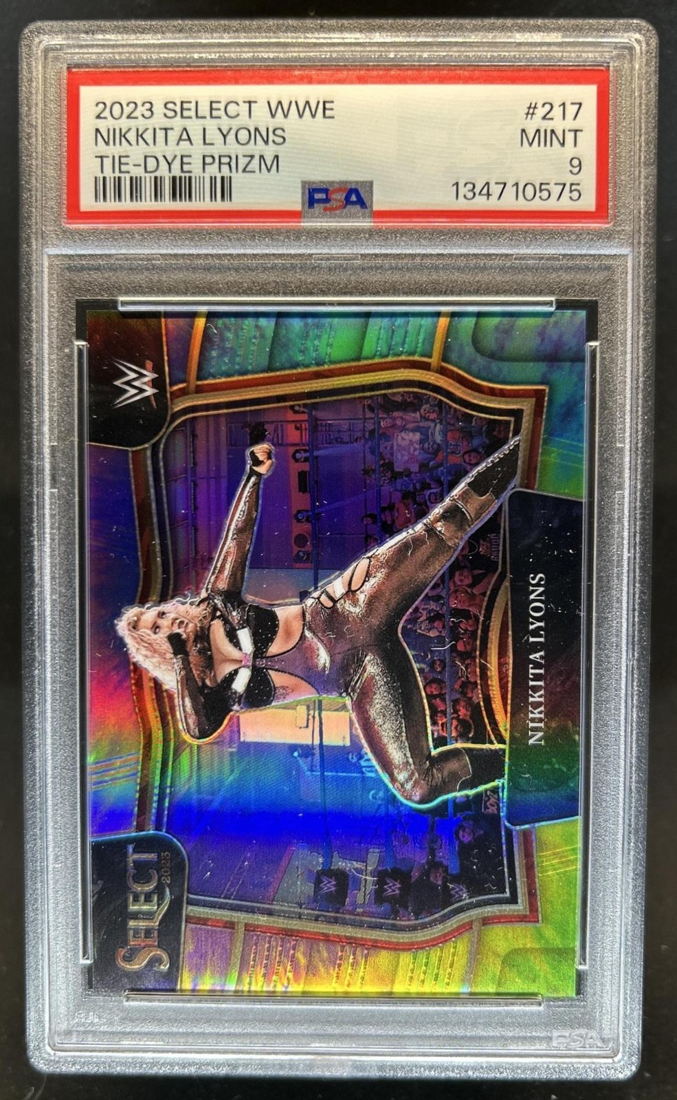 2023 Panini Select WWE Nikkita Lyons Tie Dye Prizm Ringside #/25 PSA 9 view 1