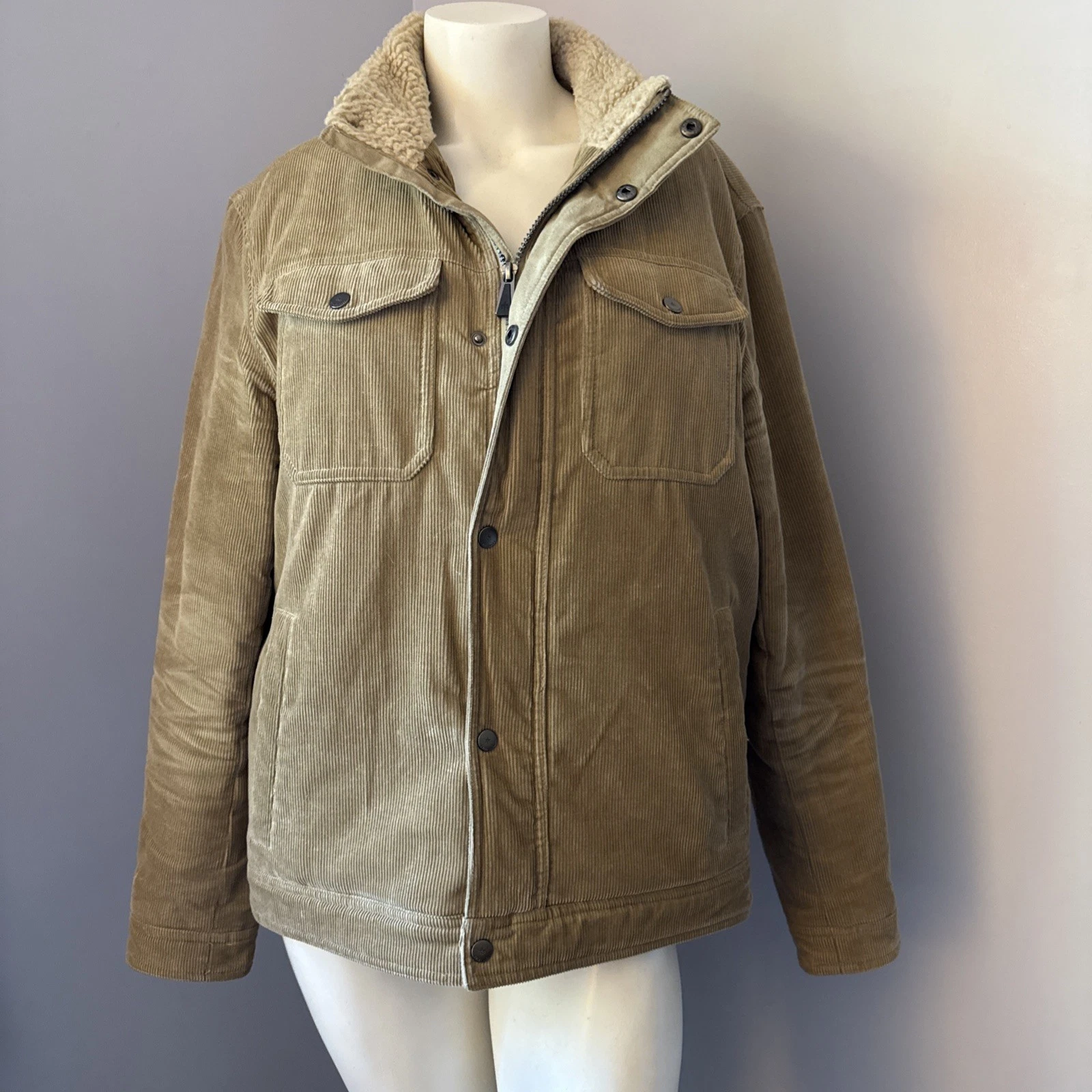 Rainforest Trucker Jacket Tan Cotton Cord w Polyester Sherpa Lining Unisex Sz S