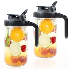 Mason Jar Pitcher With Pour Spout Lid (2 Pack) 32 Oz Wide Mouth Glass Handle