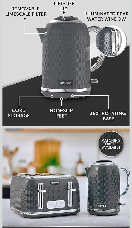 Breville Curve Electric Kettle | 1.7 Litre | 3KW Fast Boil | Black & Chrome [VKT - Image 4 of 4
