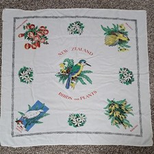 New Zealand Scarf Vintage Souvenir Scarf Table Cloth Bird Plants Floral Upcycle