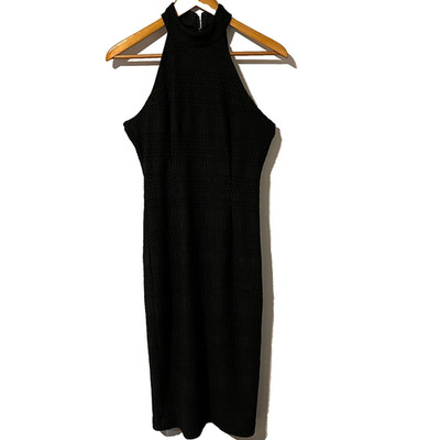 Trina Turk Emotion Crochet Knit Black Halter Neck Midi Sheath Dress NEW Size 6