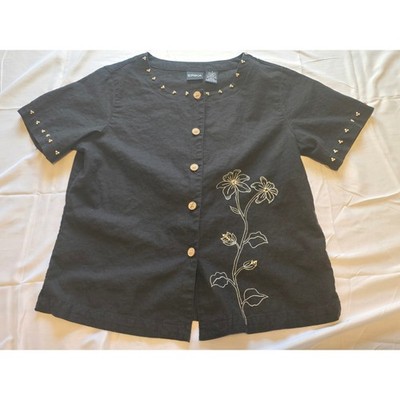 Vtg Y2K Erika Button-Up Top Small Black Short Sleeve Linen Blend Embroidered
