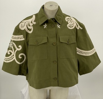 Weekend Max Mara Womens Cropped Jacket Size US 8 Olive Green Embroidered Canvas