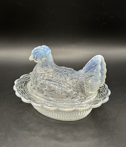 VTG *RARE* Mosser Clear Blue Tint Opalescent Glass Hen On Nest Dish GLOWS! MINT! - Picture 7 of 9