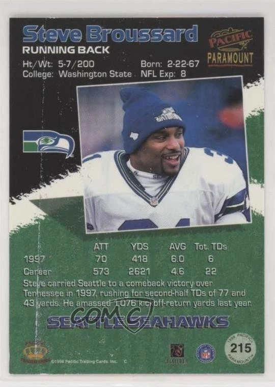 1998 Pacific Paramount Silver Steve Broussard #215 - Image 2 of 2