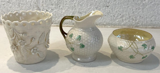 Belleek Pottery Jug & Bowls Shamrock Design