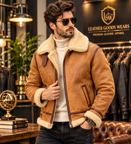 Men's Tan Leather Aviator Jacket Shearling Collar Vintage Flight Bomber Coat - product listing photo