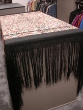 Vtg 1930's Silk Piano Shawl Embroidered Floral Asian Bonsai Long Fringe Black