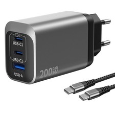 GaN - 200W Charger with 3 Ports and 1 USB-C Cable, Power Adapter of