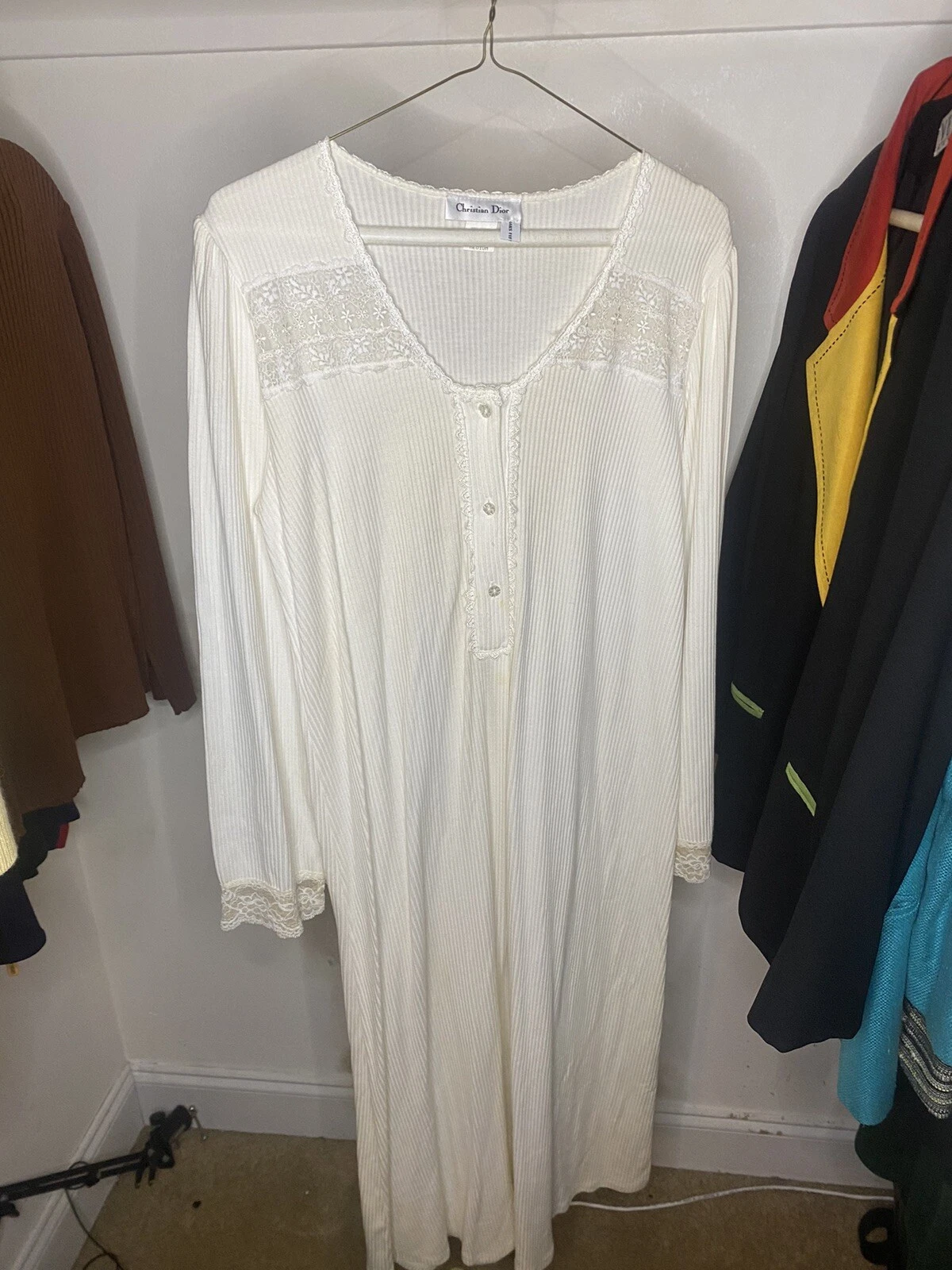 RARA camicia da notte donna vintage Christian Dior maniche lunghe taglia M avorio