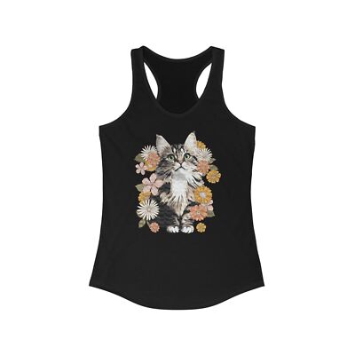 Kitty Flowers Womens Racerback Tank Top Floral Cat Sleeveless Shirt Apparel Tops