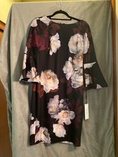 Calvin Klein Flowered Dress Boat Neck 3/4 Sleeves Black NWT 8