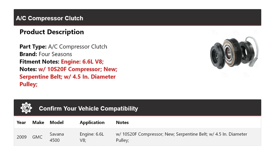 Embrague compresor aire acondicionado V8 6,6 L GMC Savana 4500 2009 4 estaciones Foto 2 de 4