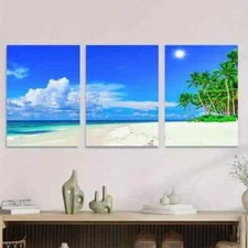 3pcs Palm Trees & Sandy Shoreline Beach Paradise Wall Art Canvas Framed 50x70cm