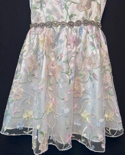 Vestido Blanco Sin Mangas Raras Ediciones con Flores Bordadas Pastel Talla 7 - Imagen 4 de 6