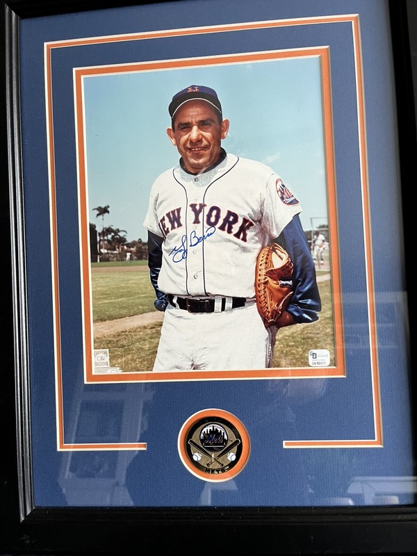 Yogi Berra Autographed NY Mets 8x10 In Custom Mets Frame. Global Cert
