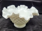 Vintage Fenton White Milk Glass Hobnail Ruffled Edge Taper Candle Holder Bowl
