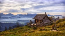 Landscape nature mist mountains cabin cottage fence Custom Gaming Mat Desk