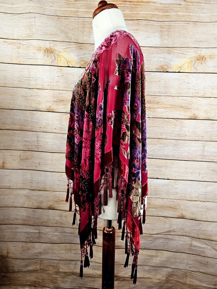 Aris A Silk Velvet Burnout Beaded Fringe Poncho Scarf eBay