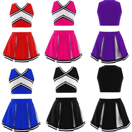 UK Girls Cheerleading Outfits Sleeveless V-Neck Top with Sparkling Sequins Skirt - Picture 3 of 45