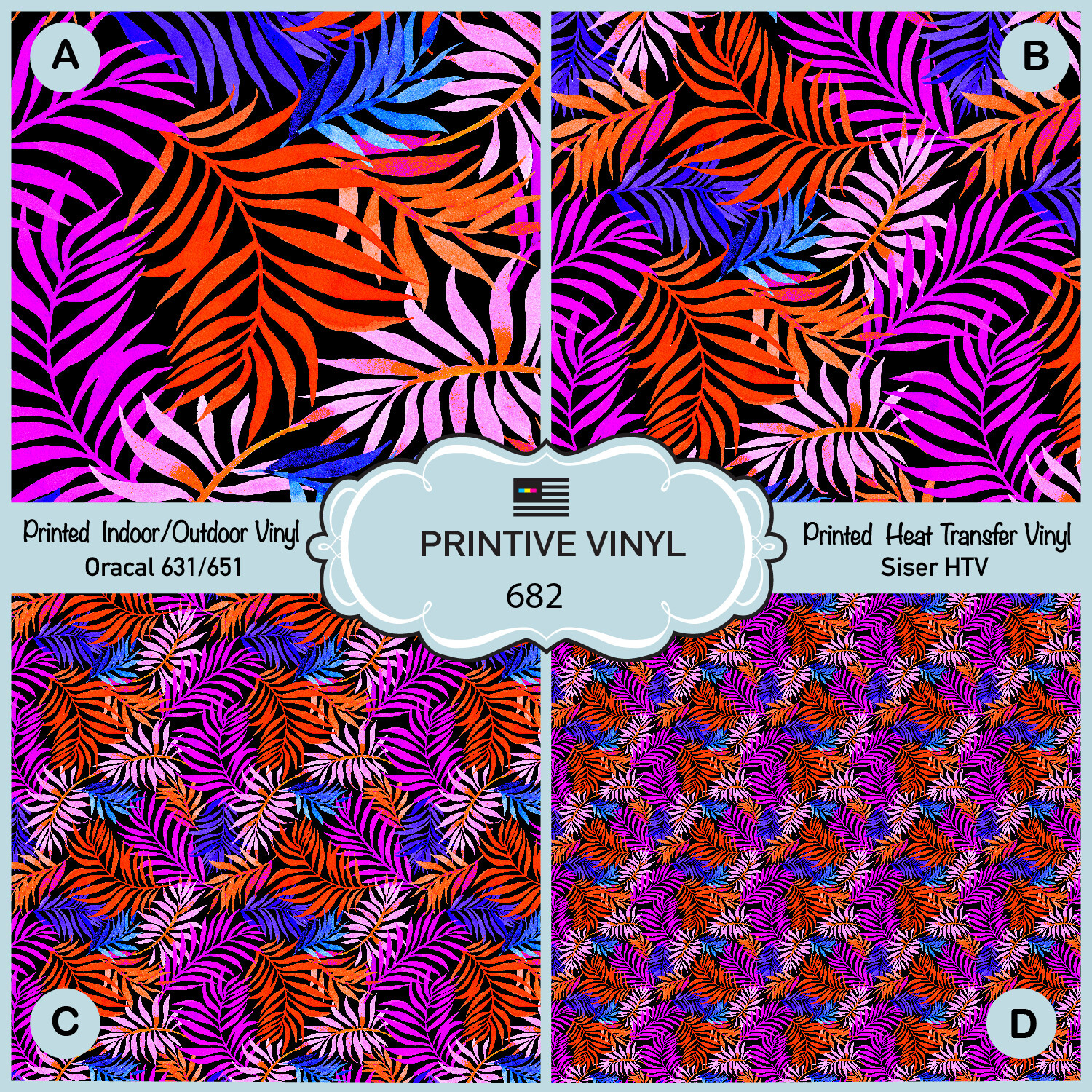 Tropical Palm Leaves Patterned Iron on, Adhesive Vinyl, Siser Printed HTV- 682