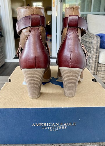 AEO Tan Brown Boots Buckle block heel 