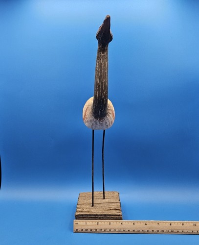 Wood Carved Bird Crane Hand Painted Metal Legs Folk Art Décor - Picture 13 of 13
