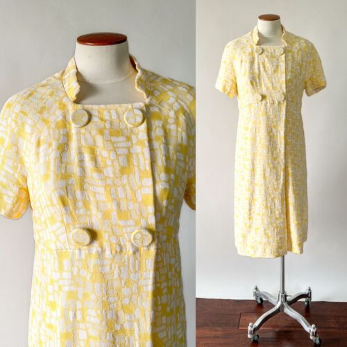 VTG 1960s Yellow Abstract Pattern Textured Knit D… - image 1