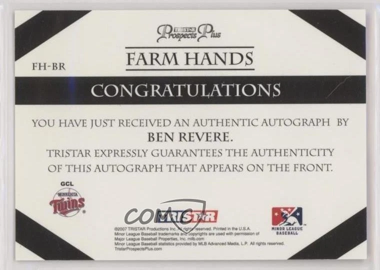 2007 TRISTAR Prospects Plus Farm Hands Authentic Auto Ben Revere #FH-BR Auto - Image 2 of 2
