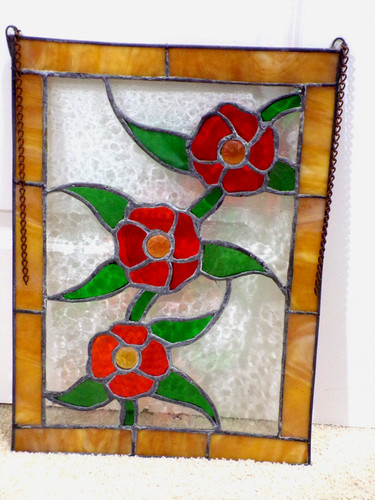 Leaded Stained Glass Floral Panel 18.5" x 13 1/4" w/ Chains