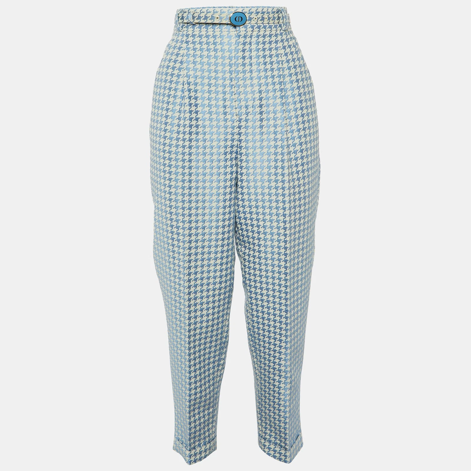 Pantalon ceinturé coton pied de poule bleu/blanc Dior S