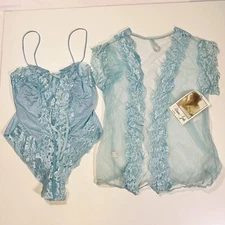 Vintage Alana Gale Lingerie Set Womens Medium Blue Sheer Lace Teddy Robe 70s 80s