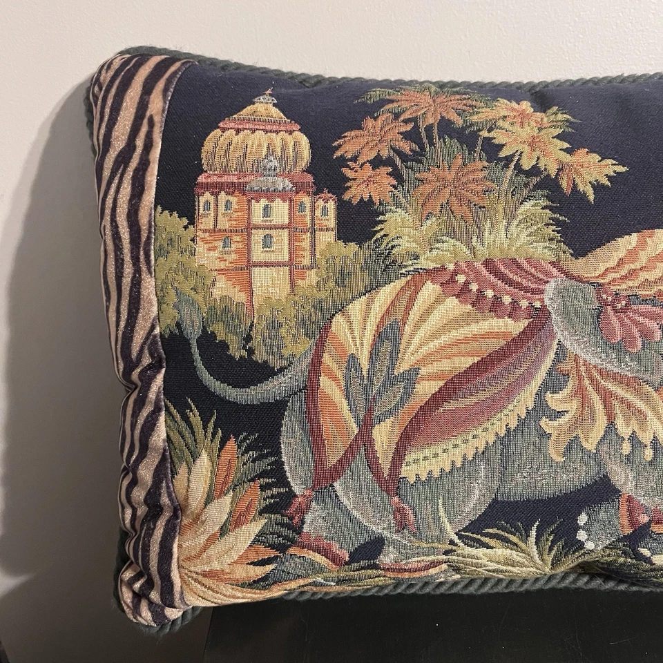 Ashford Court Elephant Tiger Trim Accent Throw Pillow Tapestry India Navy Blue - Image 4 of 4